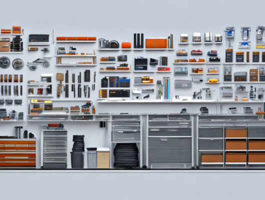 Perfekt organisiertes Autowerkstatt mit verschiedenen Autoteilen, Werkzeugen und Handbuechern, betont Praezision und Expertise bei der Auswahl der richtigen Komponenten.