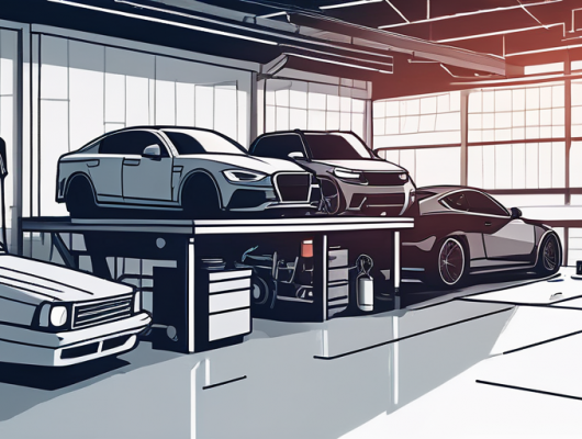 Fachmaennische Autowerkzeug-Ausstattung auf Werkbank in moderner Kfz-Werkstatt mit unscharfen Fahrzeugkonturen im Hintergrund.