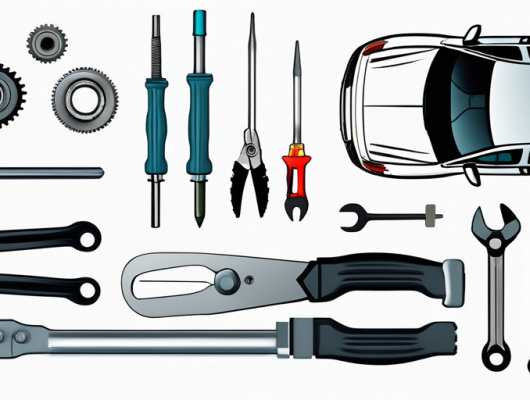 Top-Ansicht von verschiedenen Autowerkzeugen, praezise angeordnet, mit Richtlinien und Zertifikaten fuer autorisierte Servicezentren, Thema Versicherer-anerkannte Werkstaetten.