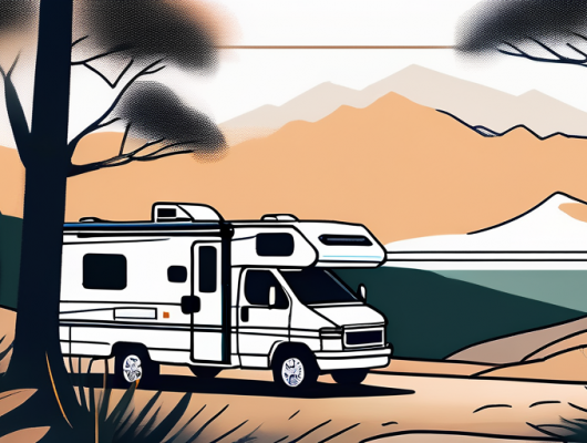 Wohnmobil geparkt in ruhiger Naturlandschaft, symbolisiert Freiheit und Erkundung, mit Hinweis auf spezialisierte Versicherungsoptionen.