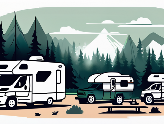 Ruhiger Campingplatz mit verschiedenen Freizeitfahrzeugen in natuerlicher Umgebung, spezialisiert auf Wohnmobil-Versicherung.