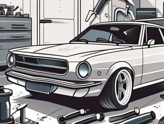 A car in a garage with various tuning tools and parts scattered around