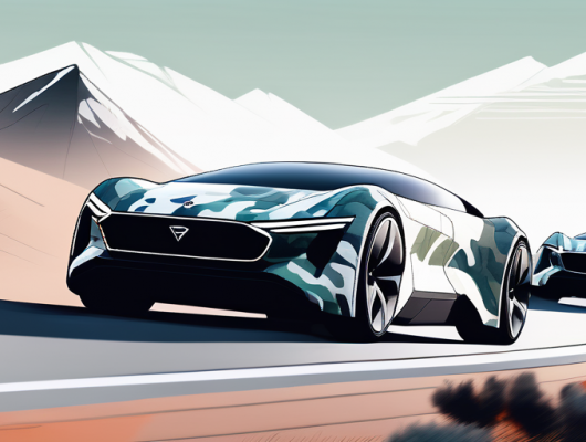 Serie von getarnten Prototyp-Fahrzeugen bei intensiven Tests auf dynamischer Automobilrennstrecke, umgeben von malerischen Naturlandschaften.