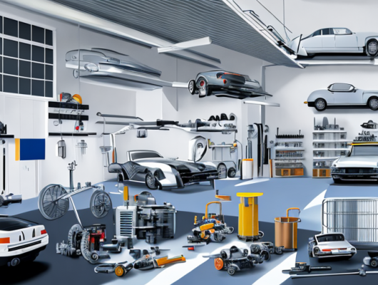 Neatly arranged car parts in pristine condition, modern automotive workshop in background.