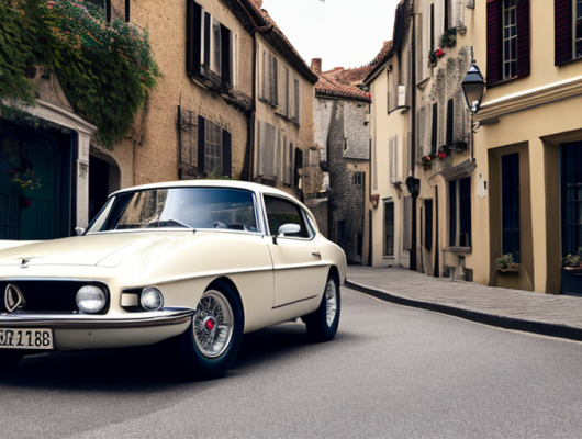 Klassischer Oldtimer mit vintage Kennzeichen vor malerischer historischer europaeischer Strasse.