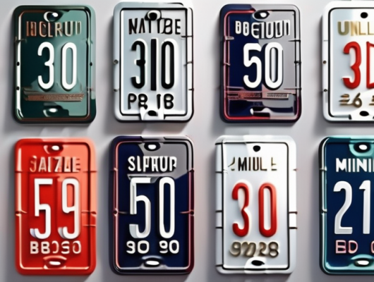 A variety of stylish 3d license plates with various colors and abstract designs