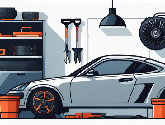 Moderne Werkzeuge und Ausruestung in einer Autotuning-Werkstatt, sanfte Beleuchtung betont professionelles Ambiente.