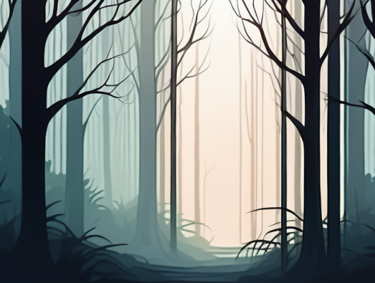 Serener Wald bei Daemmerung mit sanftem Licht durch dichte, nebelige Baeume, erzeugt eine geheimnisvolle Stimmung, die an mythische Koenigreiche erinnert.