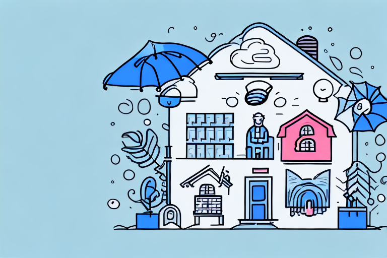 A home surrounded by different insurance policy symbols such as an umbrella (for protection)