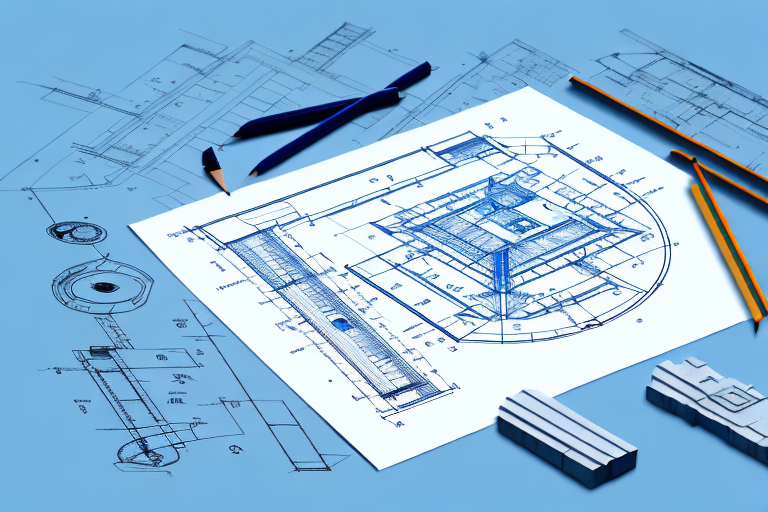 A blueprint of a building with a safety helmet