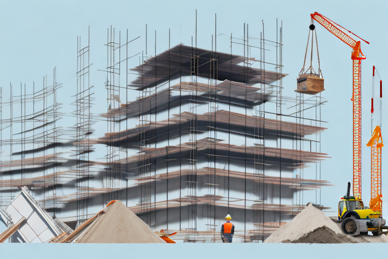 A construction site with various stages of a house being built