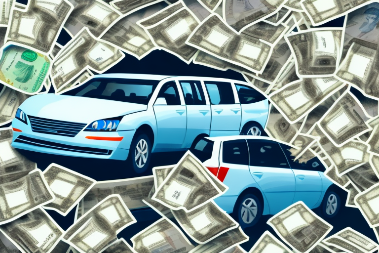 A car accident on a foreign road with various international currency notes scattered around