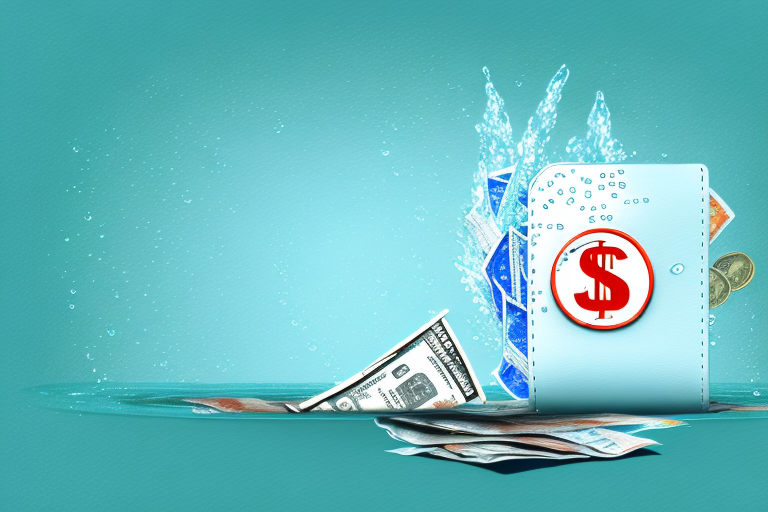 A burst water pipe with water gushing out and a wallet floating in the water to symbolize the financial aspect of the issue