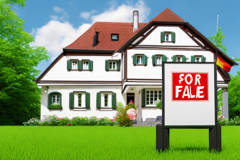 A traditional german house with a for sale sign in the front yard