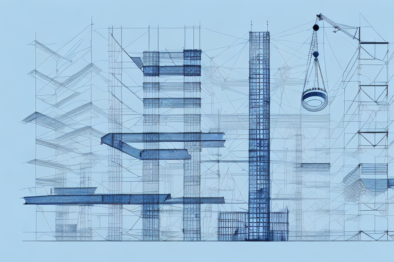 A construction site with legal scales balanced on a blueprint
