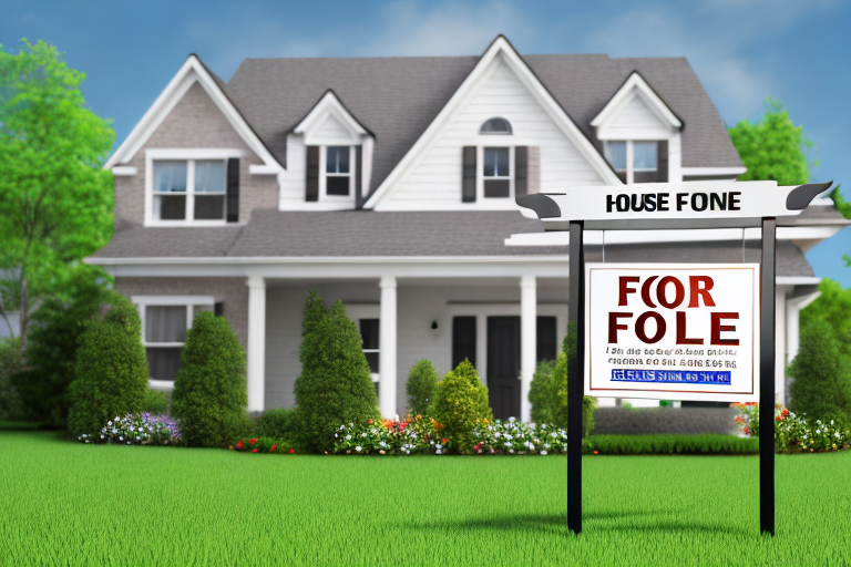 A house with a 'for sale' sign in the front yard