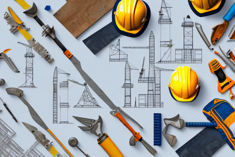 A construction site with various tools and safety equipment