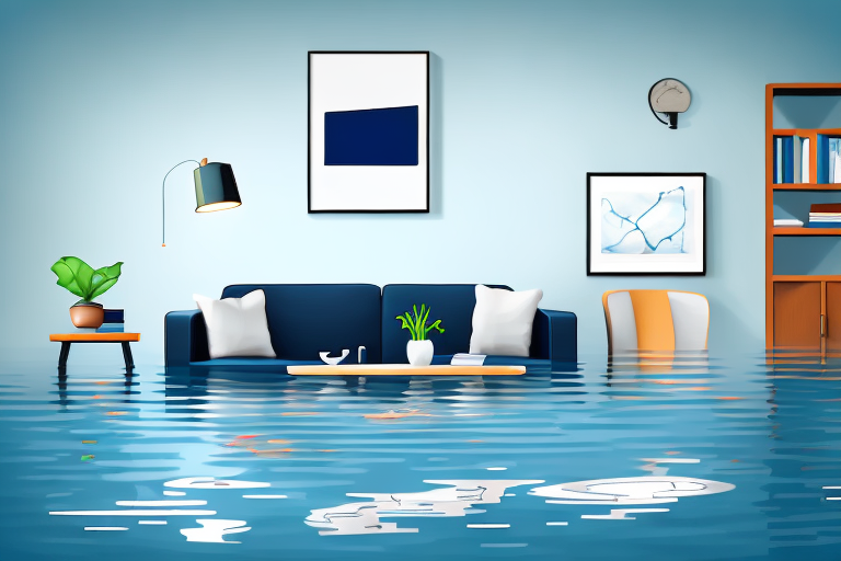 A flooded room with various household items like a sofa