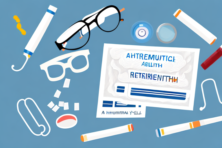 A health insurance card alongside various symbols of retirement such as a walking cane