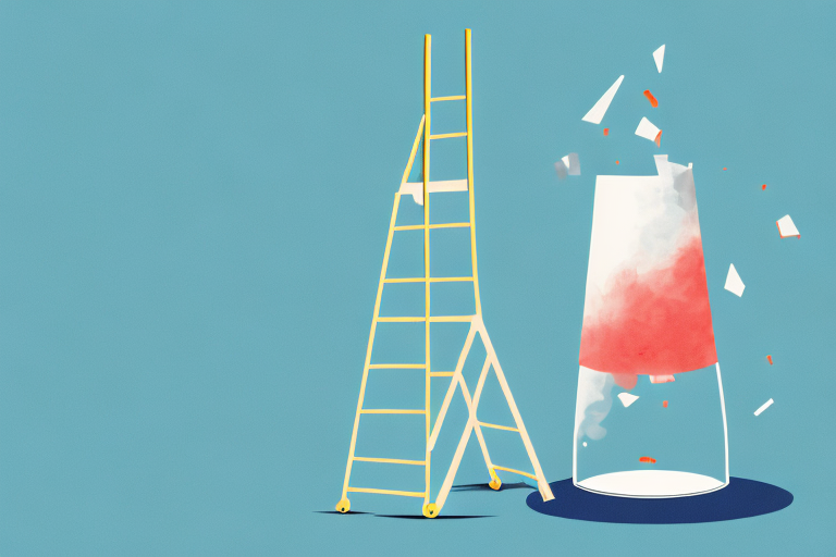 A broken vase under a tipped over ladder