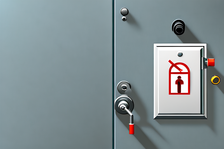 A fire safety door with a prominent