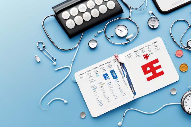 A wallet with medical symbols like a stethoscope and pills spilling out