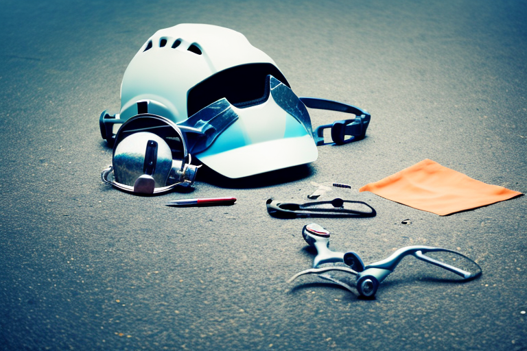 A broken bicycle next to a safety helmet