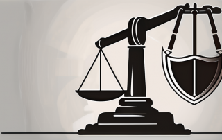 A balanced scale with a gavel on one side and a shield on the other
