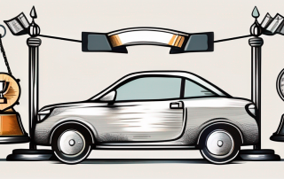 A balanced scale with various car insurance policy symbols on one side and a trophy on the other