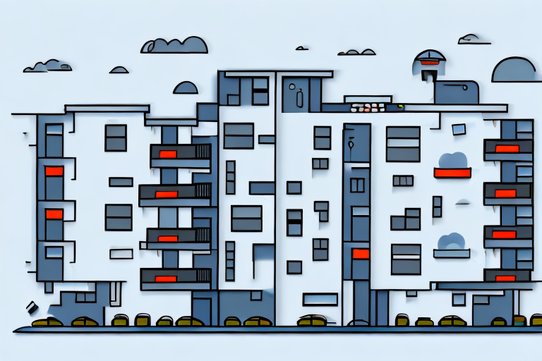 A multi-family apartment building with visible fire safety measures like fire extinguishers
