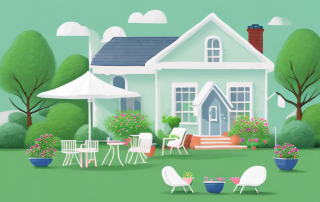 A cozy garden scene with various types of garden furniture like chairs