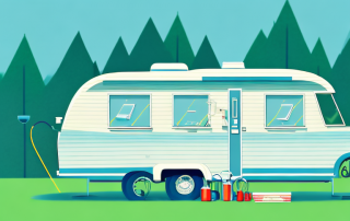 A well-maintained caravan parked in a picturesque camping site