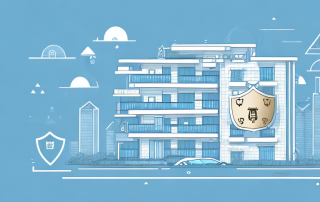 A condominium building with visible insurance protection symbols like a shield