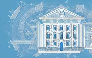 A building structure with various insurance protection symbols like a shield