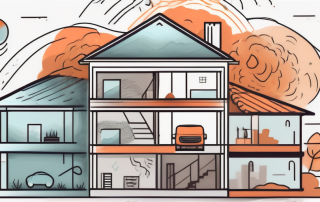A residential building with various elemental symbols like fire