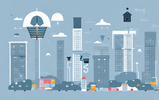 A variety of apartment buildings and a protective umbrella hovering above them