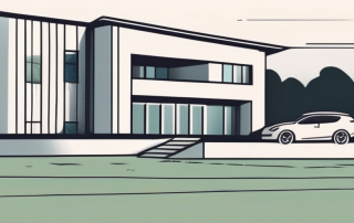 A residential building and a piece of land with a symbolic shield overlay