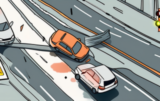 A car crash scene with a broken traffic light and scattered insurance papers on the road