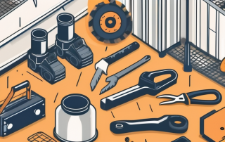A construction site with various tools and safety equipment scattered around