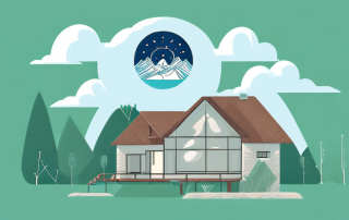 A cozy weekend house nestled in nature with a protective shield symbol hovering above it