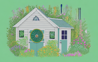 A garden shed with a protective shield symbol overlaying it