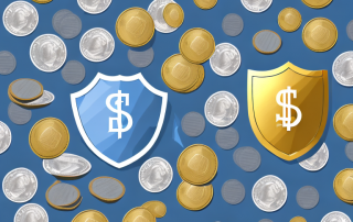 A wallet with coins and bills next to a shield symbolizing protection
