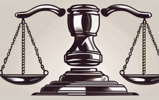 A balanced scale with a shield on one side and a gavel on the other