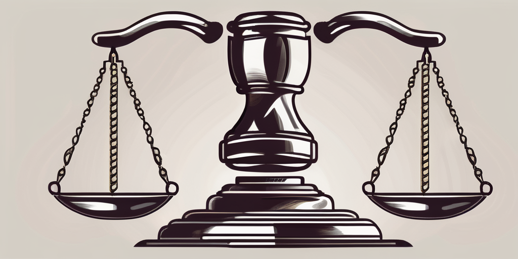 A balanced scale with a shield on one side and a gavel on the other