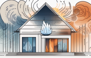 A residential building with symbolic elements like fire