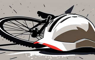 A broken bicycle lying on a wet road next to a safety helmet
