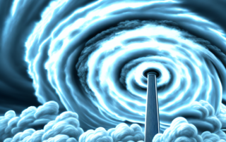 A sturdy building standing tall amidst a swirling tornado