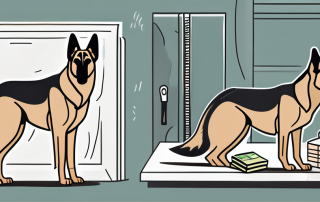 A german shepherd dog standing next to a broken vase