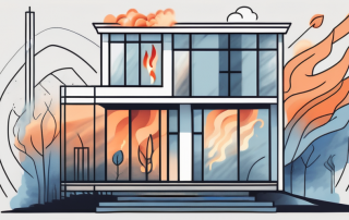 A residential building with various elemental symbols like fire