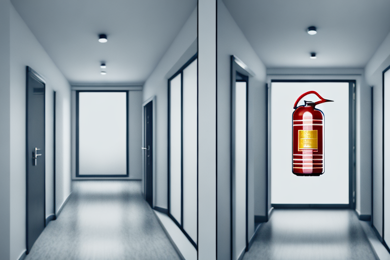 A multi-story apartment building with a prominently displayed fire extinguisher in the hallway